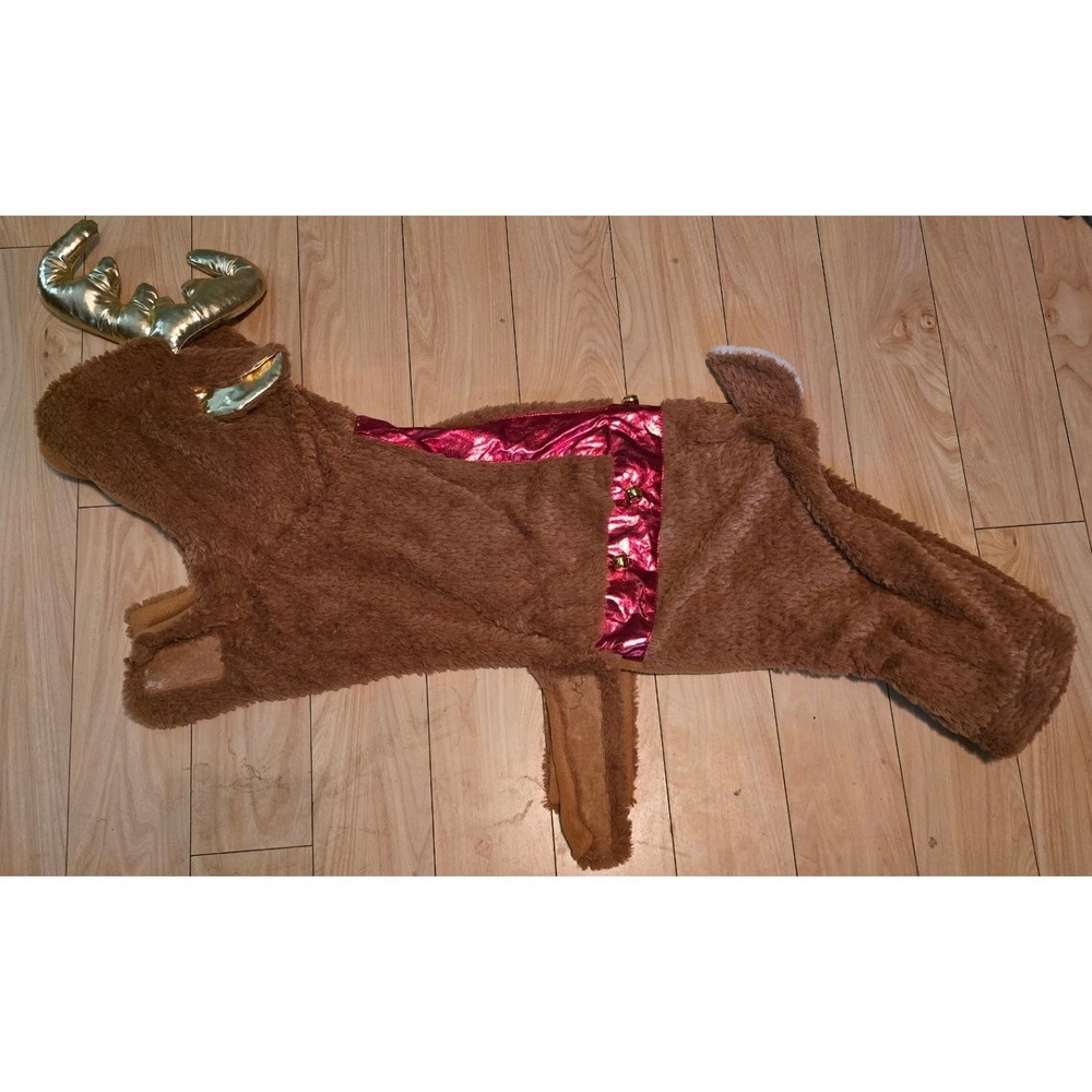 Dog Fleece Reindeer Costume Hooded Jumpsuit‎ Outfit with Antlers Large Breed